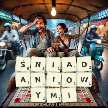 Kreatywna ilustracja do gry w Scrabble ze słowem ŚNIADANIOWYMI ułożonym z płytek na planszy.