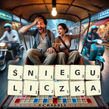 Kreatywna ilustracja do gry w Scrabble ze słowem ŚNIEGULICZKA ułożonym z płytek na planszy.