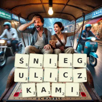 Kreatywna ilustracja do gry w Scrabble ze słowem ŚNIEGULICZKAMI ułożonym z płytek na planszy.