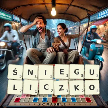 Kreatywna ilustracja do gry w Scrabble ze słowem ŚNIEGULICZKO ułożonym z płytek na planszy.