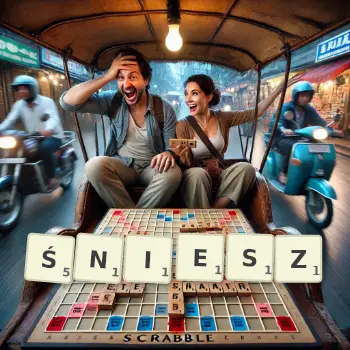 Kreatywna ilustracja do gry w Scrabble ze słowem ŚNIESZ ułożonym z płytek na planszy.