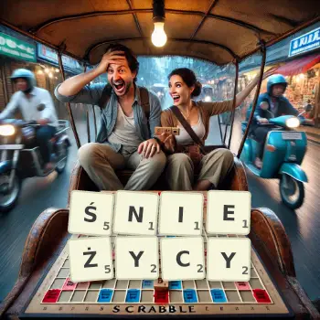 Kreatywna ilustracja do gry w Scrabble ze słowem ŚNIEŻYCY ułożonym z płytek na planszy.