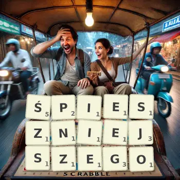 Kreatywna ilustracja do gry w Scrabble ze słowem ŚPIESZNIEJSZEGO ułożonym z płytek na planszy.