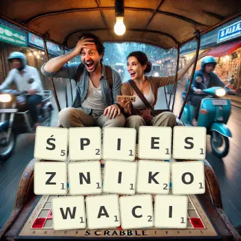 Kreatywna ilustracja do gry w Scrabble ze słowem ŚPIESZNIKOWACI ułożonym z płytek na planszy.