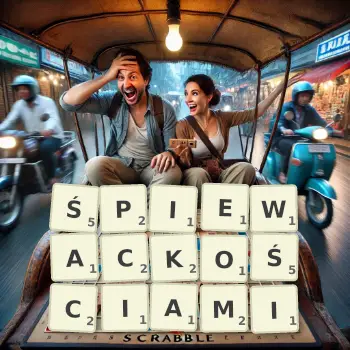 Kreatywna ilustracja do gry w Scrabble ze słowem ŚPIEWACKOŚCIAMI ułożonym z płytek na planszy.