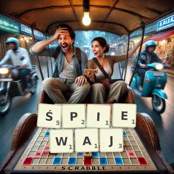 Kreatywna ilustracja do gry w Scrabble ze słowem ŚPIEWAJ ułożonym z płytek na planszy.