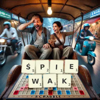 Kreatywna ilustracja do gry w Scrabble ze słowem ŚPIEWAK ułożonym z płytek na planszy.