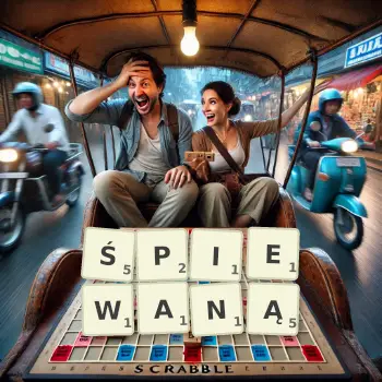 Kreatywna ilustracja do gry w Scrabble ze słowem ŚPIEWANĄ ułożonym z płytek na planszy.