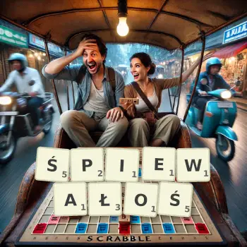 Kreatywna ilustracja do gry w Scrabble ze słowem ŚPIEWAŁOŚ ułożonym z płytek na planszy.