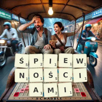 Kreatywna ilustracja do gry w Scrabble ze słowem ŚPIEWNOŚCIAMI ułożonym z płytek na planszy.