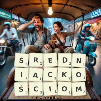 Kreatywna ilustracja do gry w Scrabble ze słowem ŚREDNIACKOŚCIOM ułożonym z płytek na planszy.
