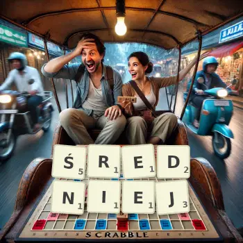 Kreatywna ilustracja do gry w Scrabble ze słowem ŚREDNIEJ ułożonym z płytek na planszy.