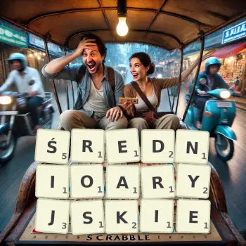 Kreatywna ilustracja do gry w Scrabble ze słowem ŚREDNIOARYJSKIE ułożonym z płytek na planszy.