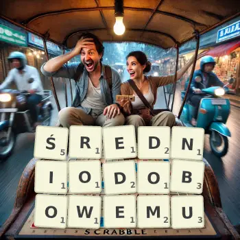 Kreatywna ilustracja do gry w Scrabble ze słowem ŚREDNIODOBOWEMU ułożonym z płytek na planszy.