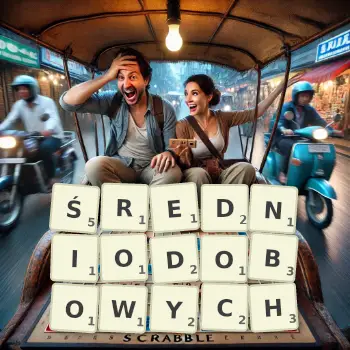 Kreatywna ilustracja do gry w Scrabble ze słowem ŚREDNIODOBOWYCH ułożonym z płytek na planszy.