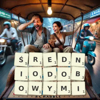 Kreatywna ilustracja do gry w Scrabble ze słowem ŚREDNIODOBOWYMI ułożonym z płytek na planszy.