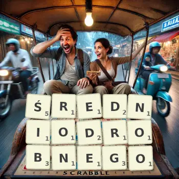 Kreatywna ilustracja do gry w Scrabble ze słowem ŚREDNIODROBNEGO ułożonym z płytek na planszy.