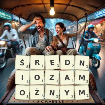 Kreatywna ilustracja do gry w Scrabble ze słowem ŚREDNIOZAMOŻNYM ułożonym z płytek na planszy.