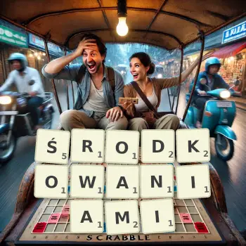 Kreatywna ilustracja do gry w Scrabble ze słowem ŚRODKOWANIAMI ułożonym z płytek na planszy.