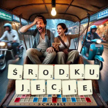 Kreatywna ilustracja do gry w Scrabble ze słowem ŚRODKUJECIE ułożonym z płytek na planszy.