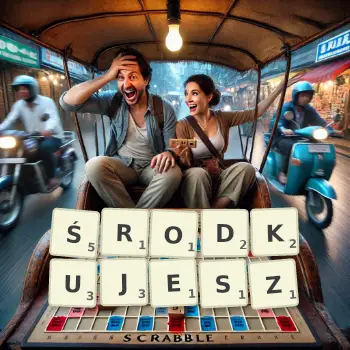 Kreatywna ilustracja do gry w Scrabble ze słowem ŚRODKUJESZ ułożonym z płytek na planszy.