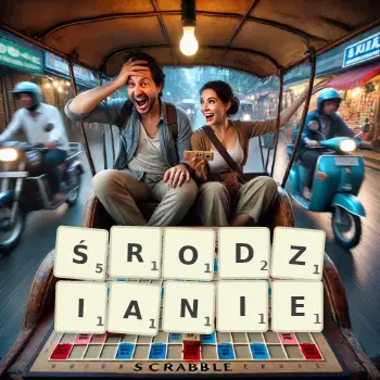 Kreatywna ilustracja do gry w Scrabble ze słowem ŚRODZIANIE ułożonym z płytek na planszy.