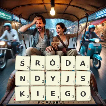Kreatywna ilustracja do gry w Scrabble ze słowem ŚRÓDANDYJSKIEGO ułożonym z płytek na planszy.