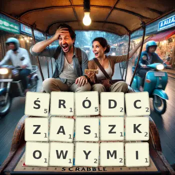 Kreatywna ilustracja do gry w Scrabble ze słowem ŚRÓDCZASZKOWYMI ułożonym z płytek na planszy.