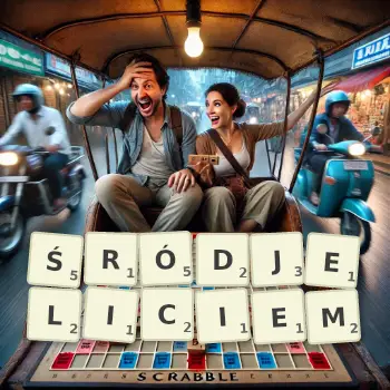 Kreatywna ilustracja do gry w Scrabble ze słowem ŚRÓDJELICIEM ułożonym z płytek na planszy.