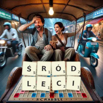 Kreatywna ilustracja do gry w Scrabble ze słowem ŚRÓDLECI ułożonym z płytek na planszy.