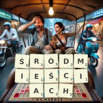 Kreatywna ilustracja do gry w Scrabble ze słowem ŚRÓDMIEŚCIACH ułożonym z płytek na planszy.