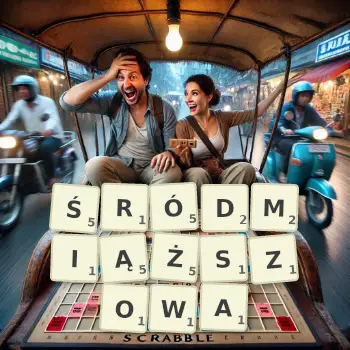 Kreatywna ilustracja do gry w Scrabble ze słowem ŚRÓDMIĄŻSZOWA ułożonym z płytek na planszy.