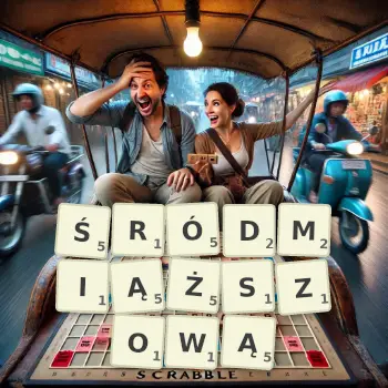 Kreatywna ilustracja do gry w Scrabble ze słowem ŚRÓDMIĄŻSZOWĄ ułożonym z płytek na planszy.