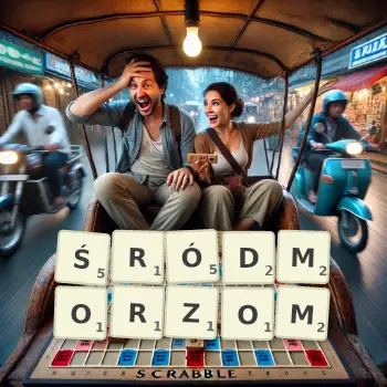 Kreatywna ilustracja do gry w Scrabble ze słowem ŚRÓDMORZOM ułożonym z płytek na planszy.