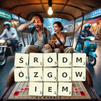 Kreatywna ilustracja do gry w Scrabble ze słowem ŚRÓDMÓZGOWIEM ułożonym z płytek na planszy.