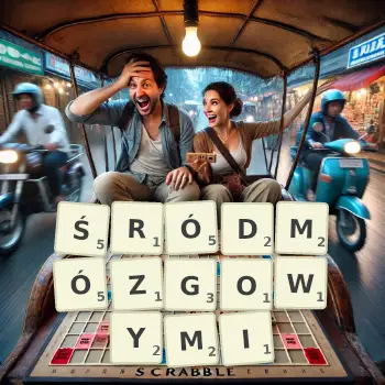 Kreatywna ilustracja do gry w Scrabble ze słowem ŚRÓDMÓZGOWYMI ułożonym z płytek na planszy.