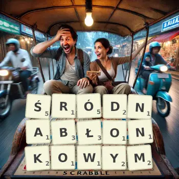 Kreatywna ilustracja do gry w Scrabble ze słowem ŚRÓDNABŁONKOWYM ułożonym z płytek na planszy.