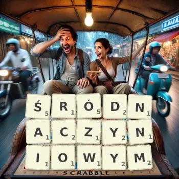 Kreatywna ilustracja do gry w Scrabble ze słowem ŚRÓDNACZYNIOWYM ułożonym z płytek na planszy.