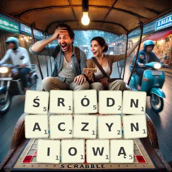 Kreatywna ilustracja do gry w Scrabble ze słowem ŚRÓDNACZYNIOWĄ ułożonym z płytek na planszy.