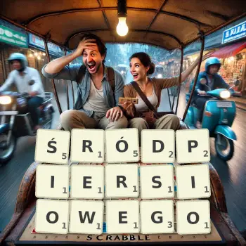 Kreatywna ilustracja do gry w Scrabble ze słowem ŚRÓDPIERSIOWEGO ułożonym z płytek na planszy.