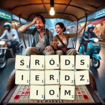 Kreatywna ilustracja do gry w Scrabble ze słowem ŚRÓDSIERDZIOM ułożonym z płytek na planszy.