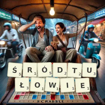 Kreatywna ilustracja do gry w Scrabble ze słowem ŚRÓDTUŁOWIE ułożonym z płytek na planszy.