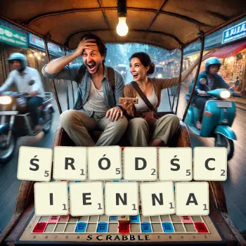 Kreatywna ilustracja do gry w Scrabble ze słowem ŚRÓDŚCIENNA ułożonym z płytek na planszy.