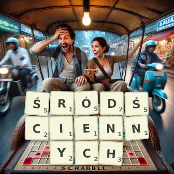 Kreatywna ilustracja do gry w Scrabble ze słowem ŚRÓDŚCIENNYCH ułożonym z płytek na planszy.