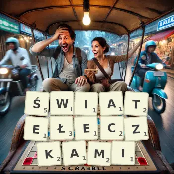 Kreatywna ilustracja do gry w Scrabble ze słowem ŚWIATEŁECZKAMI ułożonym z płytek na planszy.