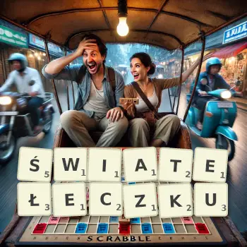 Kreatywna ilustracja do gry w Scrabble ze słowem ŚWIATEŁECZKU ułożonym z płytek na planszy.