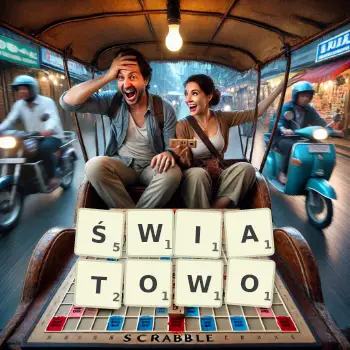 Kreatywna ilustracja do gry w Scrabble ze słowem ŚWIATOWO ułożonym z płytek na planszy.