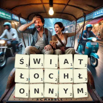 Kreatywna ilustracja do gry w Scrabble ze słowem ŚWIATŁOCHŁONNYM ułożonym z płytek na planszy.