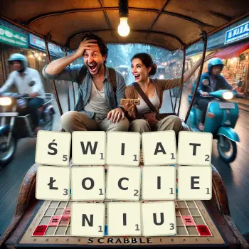 Kreatywna ilustracja do gry w Scrabble ze słowem ŚWIATŁOCIENIU ułożonym z płytek na planszy.