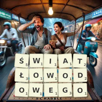 Kreatywna ilustracja do gry w Scrabble ze słowem ŚWIATŁOWODOWEGO ułożonym z płytek na planszy.